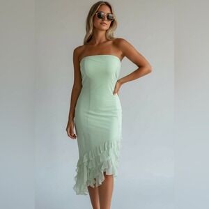 NEW Green Ruffle Strapless‎ Bodycon Mini Dress Party Cocktail Asymmetric Large